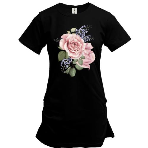 Подовжена футболка з квітками троянди та бузку