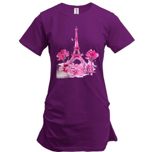 Подовжена футболка з Парижем в рожевих тонах