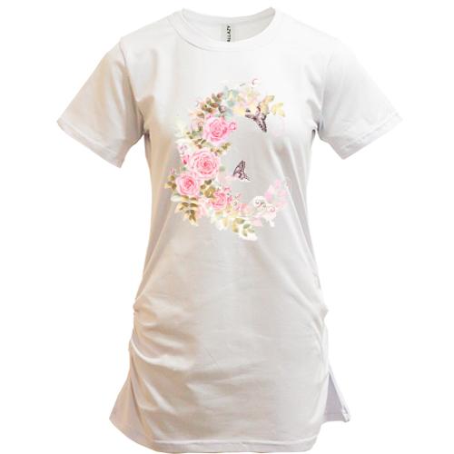 Подовжена футболка c трояндами і метеликами
