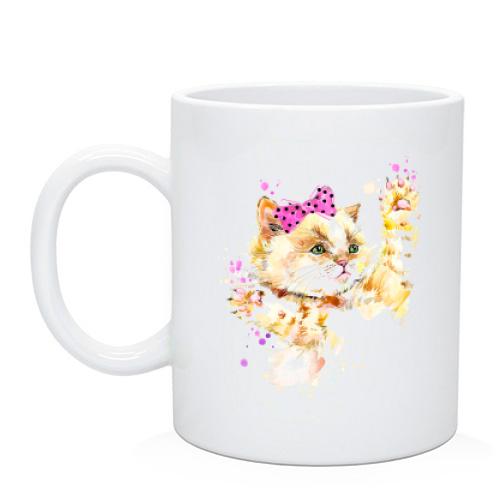 Чашка з акварельним кошеням в банті