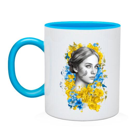 Чашка Девушка в желто-синих цветах