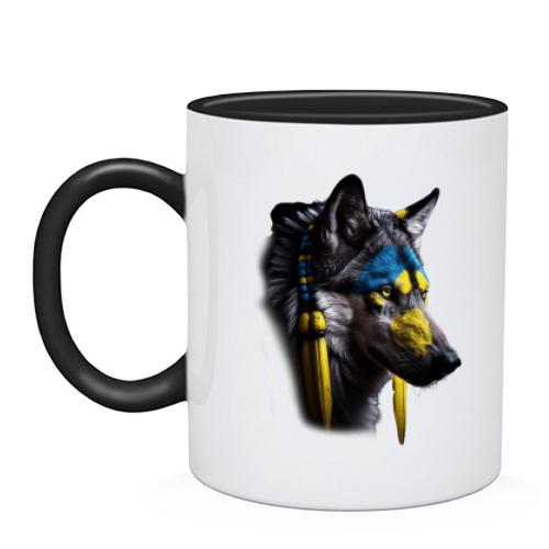 Чашка Волк с желто-синими бусами