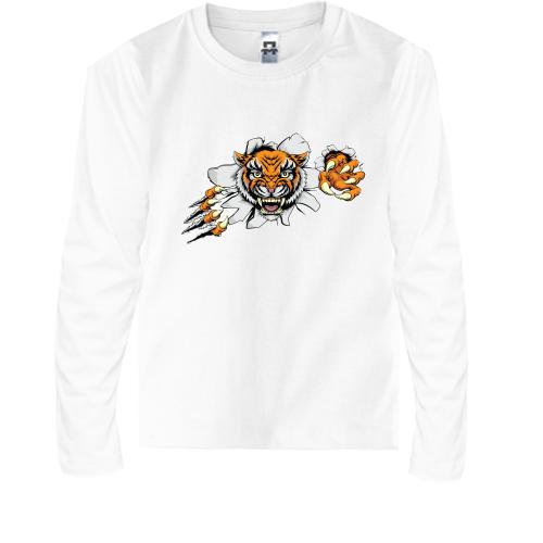 Детская футболка с длинным рукавом с тигром разрывающим футболку