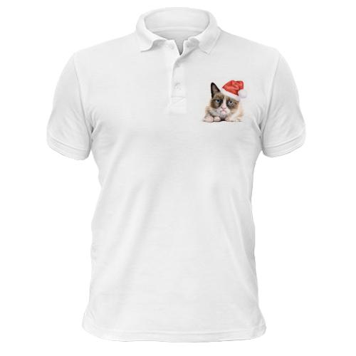 Чоловіча футболка-поло з сумним котом у шапці Санти