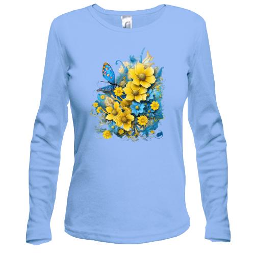 Лонгслив Желто-синий цветочный арт с бабочкой