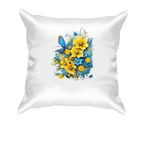 Подушка Желто-синий цветочный арт с бабочкой