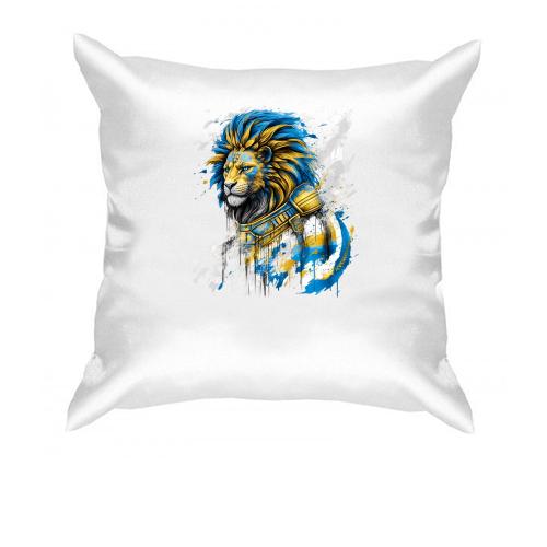 Подушка со львом в желто-синих красках
