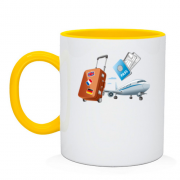 Чашка с самолётом, билетами и чемоданом