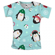 Женская 3D футболка Новогодний паттерн. Пингвины