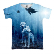 3D футболка с белыми волками в лесу