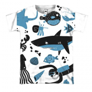 3D футболка с дайвером и рыбками