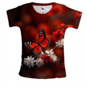 Женская 3D футболка с бело-красными цветами и бабочкой