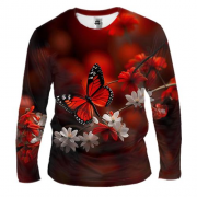 Мужской 3D лонгслив с бело-красными цветами и бабочкой