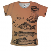 Женская 3D футболка с атрибутикой для рыбалки