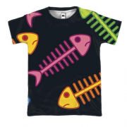 3D футболка с разноцветными скелетами рыб