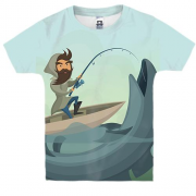 Детская 3D футболка с рыбаком и большой рыбой