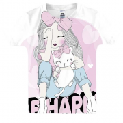 Детская 3D футболка с девушкой с котом Be happy