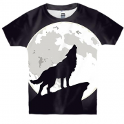 Детская 3D футболка с черным волком воющим на луну