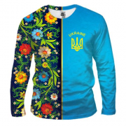 Мужской 3D лонгслив с петриковской росписью и гербом Украины