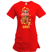 Удлиненная футболка Бычок в новогодней гирлянде 2021