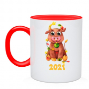 Чашка Бычок в новогодней гирлянде 2021