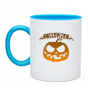 Чашка с надписью "Halloween" и злой тыквой
