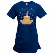 Подовжена футболка з ведмедиком у новорічній шапочці