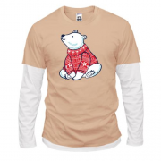 Комбінований лонгслів з білим ведмедиком у светрі