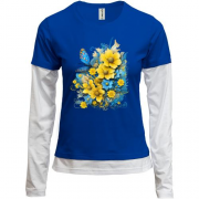 Комбинированный лонгслив Желто-синий цветочный арт с бабочкой