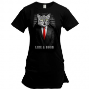 Подовжена футболка з котом в піджаку "Like a Boss"