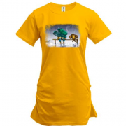 Подовжена футболка із зображенням Чебурашки і Гени на лавочці
