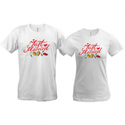 Парные футболки с кольцами и розой "just married"