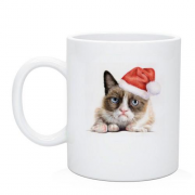 Чашка с грустным котом в шапке Санты