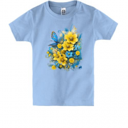 Детская футболка Желто-синий цветочный арт с бабочкой