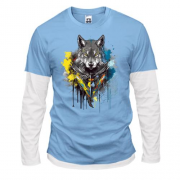 Комбинированный лонгслив волк в желто-синей акварели (арт)