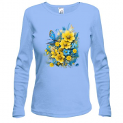 Жіночий лонгслів Жовто-синій квітковий арт з метеликом