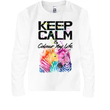 Детский лонгслив Keep calm and colour your life с цветными зебрами