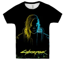Детская 3D футболка Cyberpunk 2077 с неоновым портретом