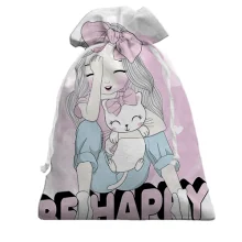 Подарочный мешочек с девушкой с котом Be happy