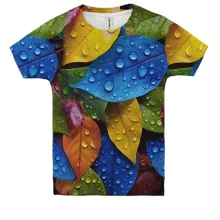 Детская 3D футболка с разноцветными мокрыми листьями