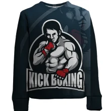 Детский 3D свитшот Kickboxing с бойцом на тёмно-синем фоне
