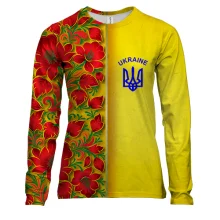 Жіночий 3D лонгслів з червоним петриківським розписом і гербом України
