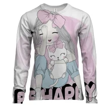 Женский 3D лонгслив с девушкой с котом Be happy
