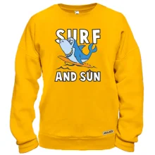 Свитшот с акулой серфингистом и надписью "Surf and sun"