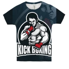Детская 3D футболка Kickboxing с бойцом на тёмно-синем фоне