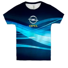 Детская 3D футболка Opel с голубыми геометрическими линиями