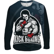 Мужской 3D лонгслив Kickboxing с бойцом на тёмно-синем фоне