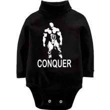 Детское боди с длинным рукавом с бодибилдером и надписью «Conquer»