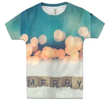 Детская 3D футболка Merry Xmas на деревянных кубиках