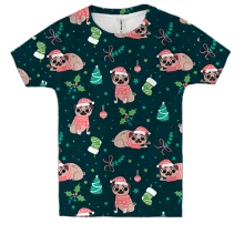 Детская 3D футболка Новогодний паттерн. Мопсы
